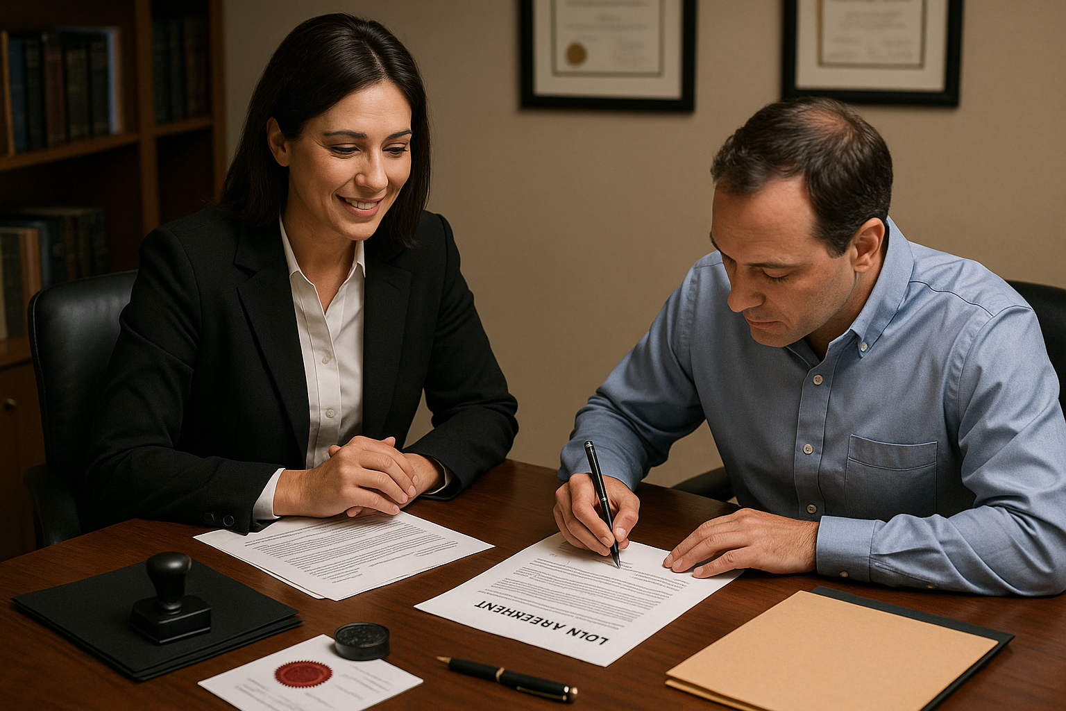 2 people sitting at a table, one is a notary and the other is a customer signing loan papers